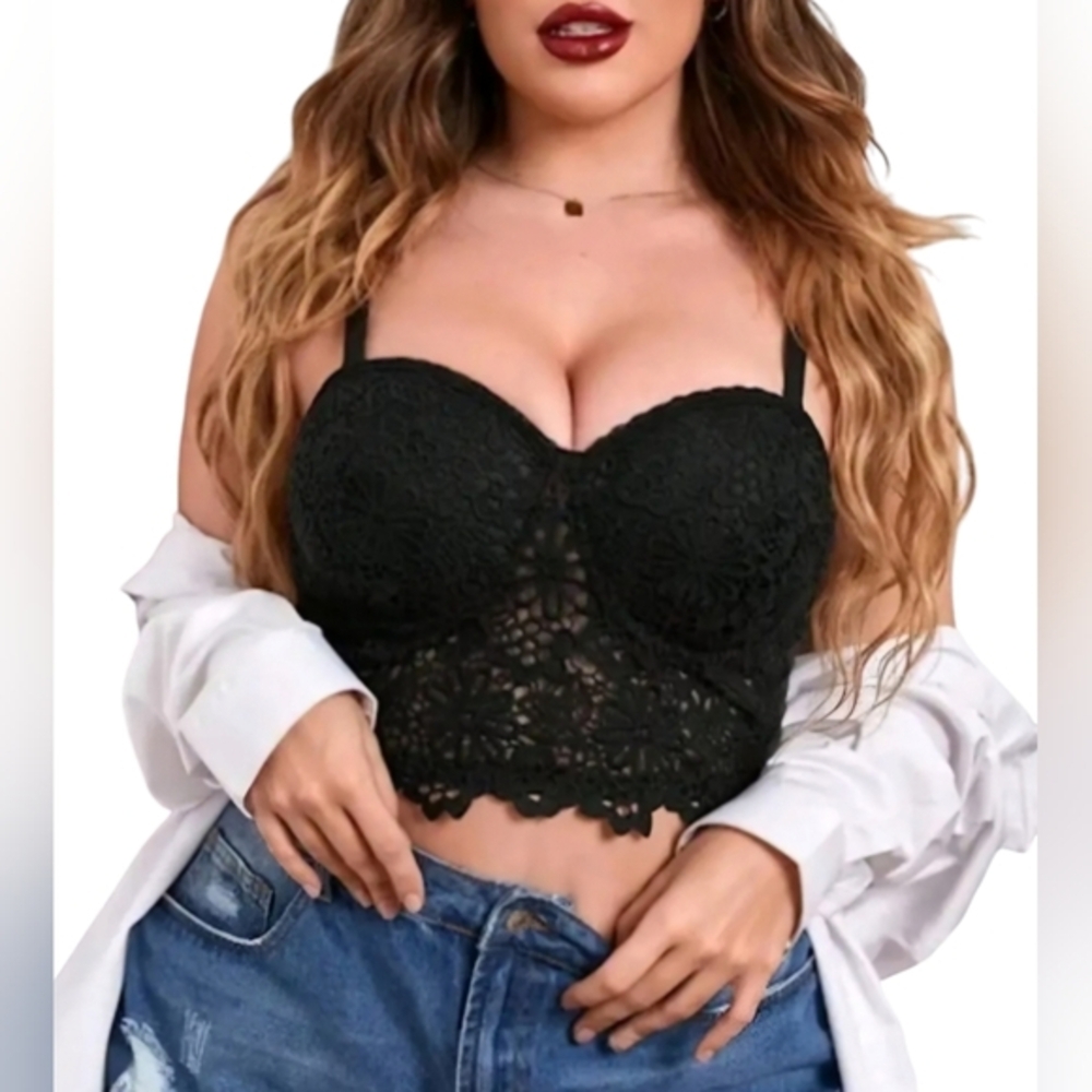 ​Black Crochet Lace Bustier Corset Top XXL Strapless Longline Sweetheart 95E